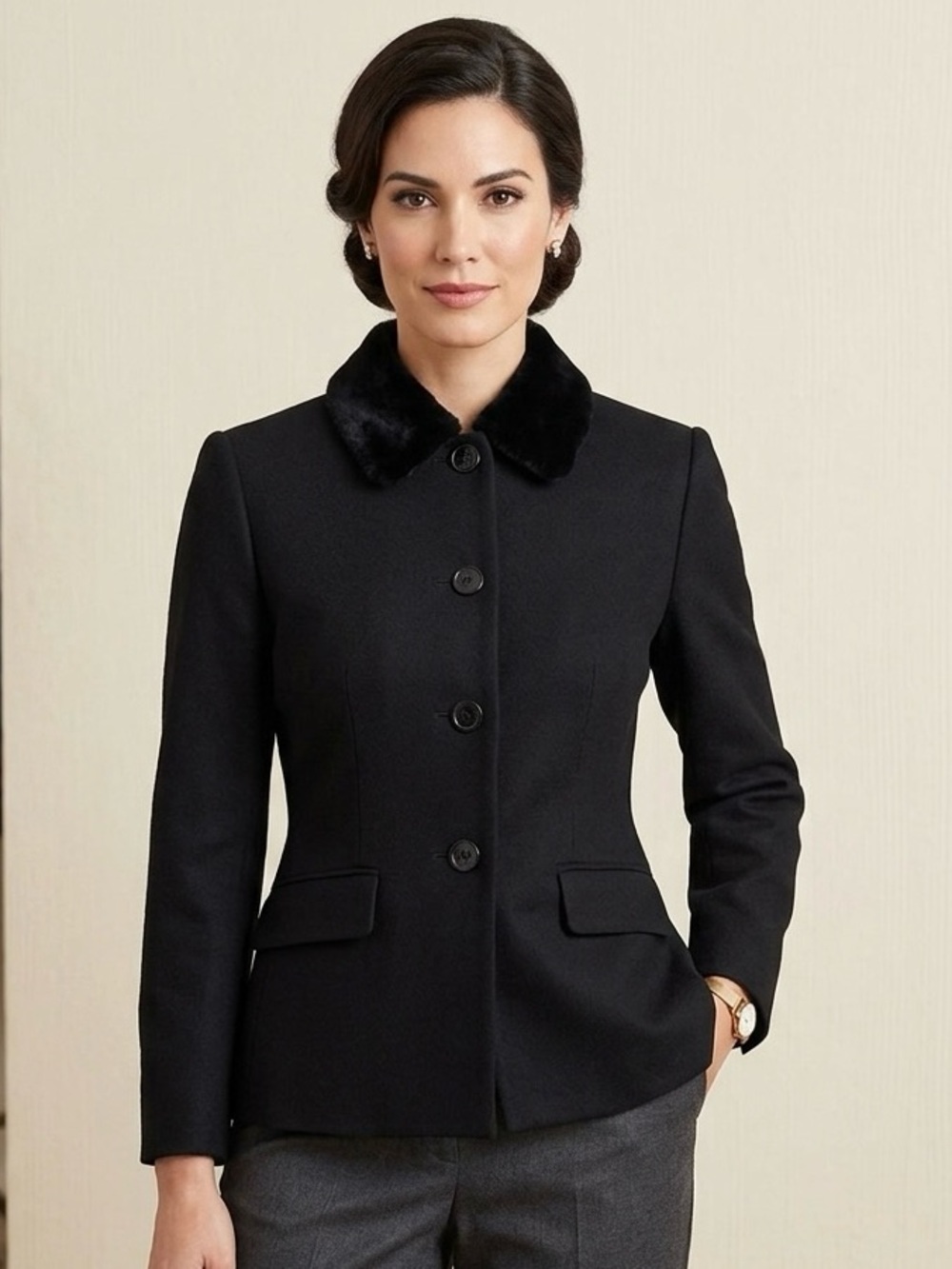 Lauren Ralph Lauren 100% Wool Blazer 6 Black Career Velvet Collar Logo Buttons